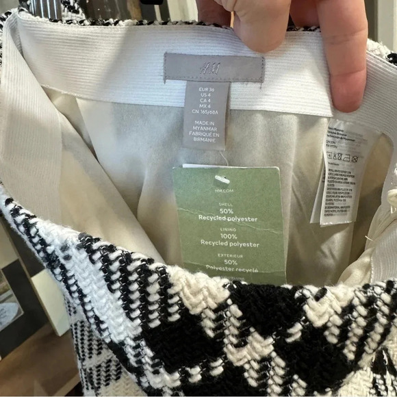 H&M tweed mini skirt plaid high waisted lined elastic wool neutral stretchy - Picture 3 of 6